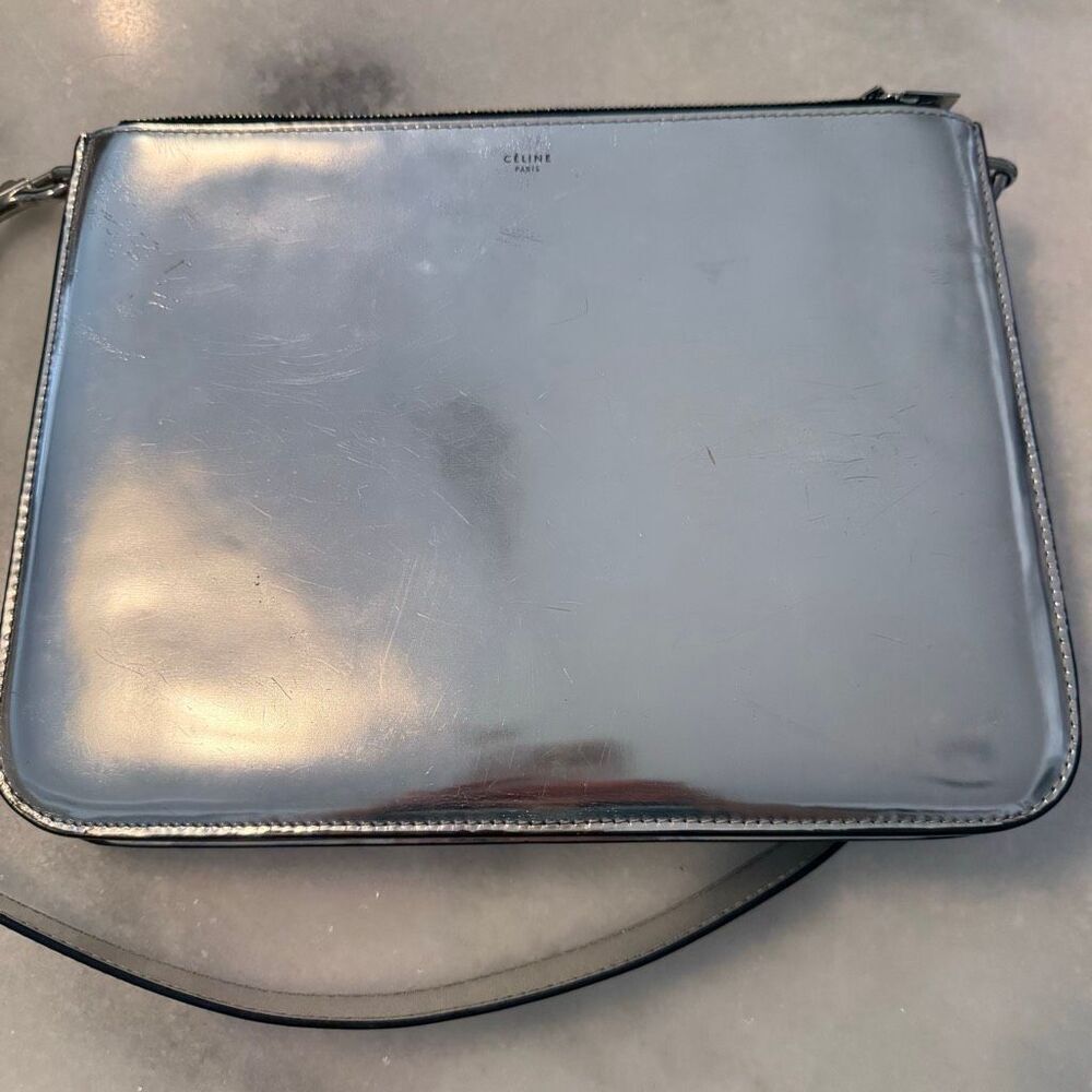 Celine Paris Trio Leather Metallic Removable Strap Purse Silver Shoulder Bag - Picture 2 of 7